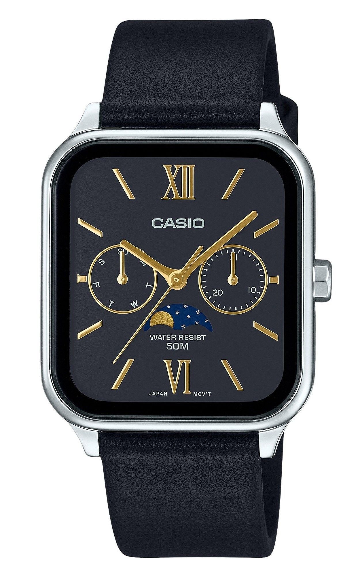 Casio Standard Quartz movement Black Leather Male MTP-M305L-1A2V. A brand-new Casio Standard watch featuring a Black dial and a Leather strap. Front view.