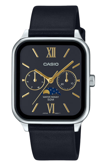 Casio Standard Quartz movement Black Leather Male MTP-M305L-1A2V. A brand-new Casio Standard watch featuring a Black dial and a Leather strap. Front view.