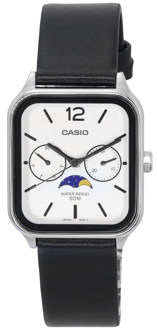 Casio Standard Moon phase display White Leather Male MTP-M305L-7A. A brand-new Casio Standard watch featuring a White dial and a Leather strap. Angled view.