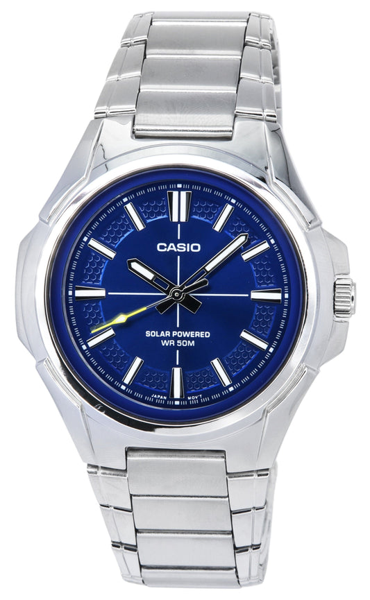 Casio Standard Solar powered Blue Stainless steel Male MTP-RS100D-2A. A brand-new Casio Standard watch featuring a Blue dial and a Stainless steel strap. Angled view.
