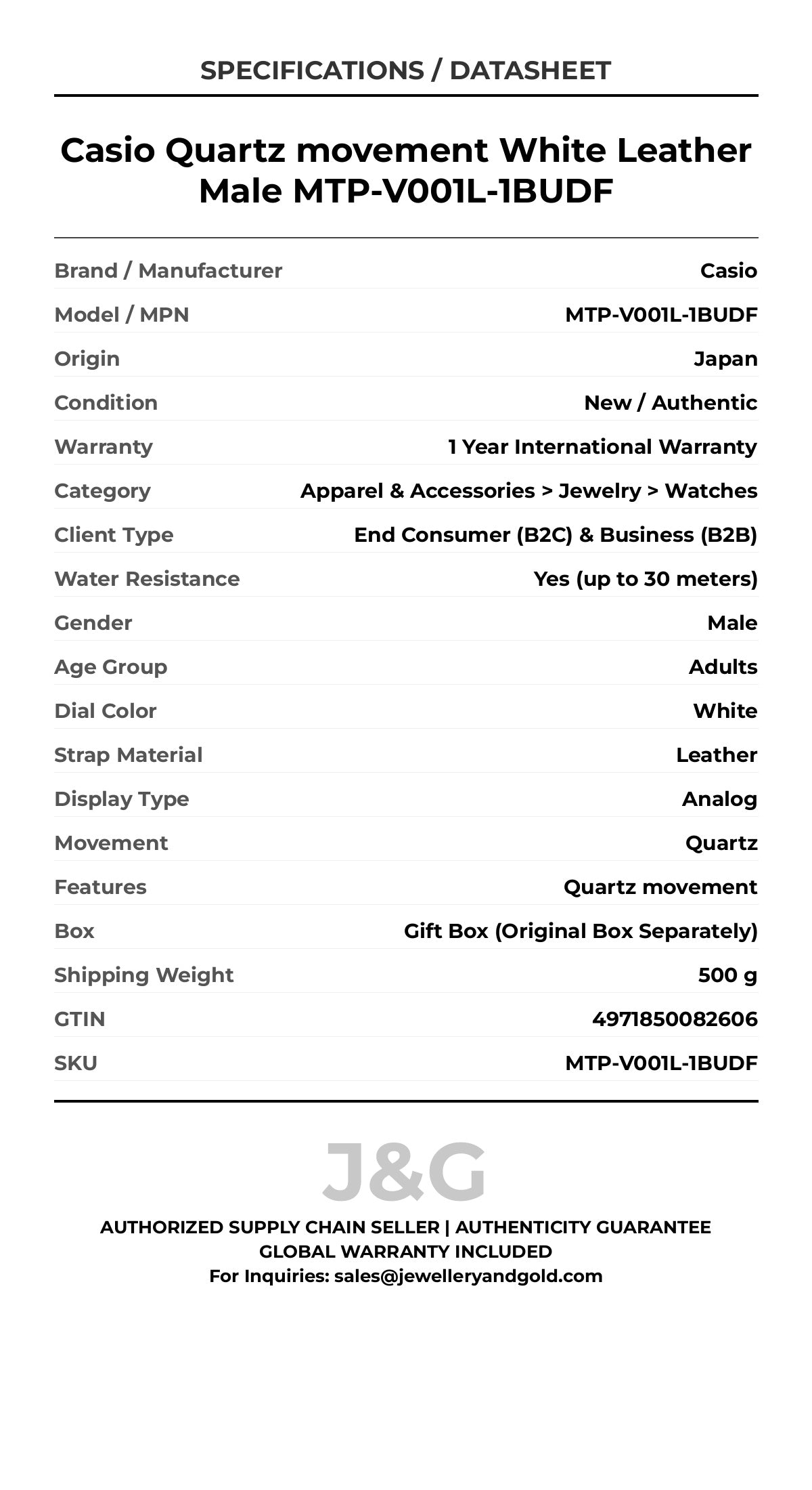 Casio Quartz movement White Leather Male MTP-V001L-1BUDF - Specifications