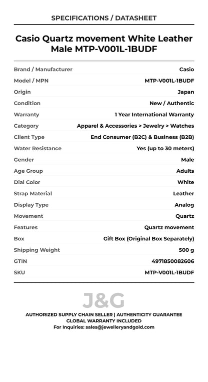 Casio Quartz movement White Leather Male MTP-V001L-1BUDF - Specifications