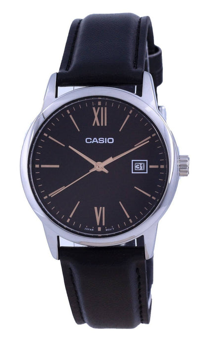 Casio Date display Black Leather Male MTP-V002L-1B3. A brand-new Casio watch featuring a Black dial and a Leather strap. Side view.