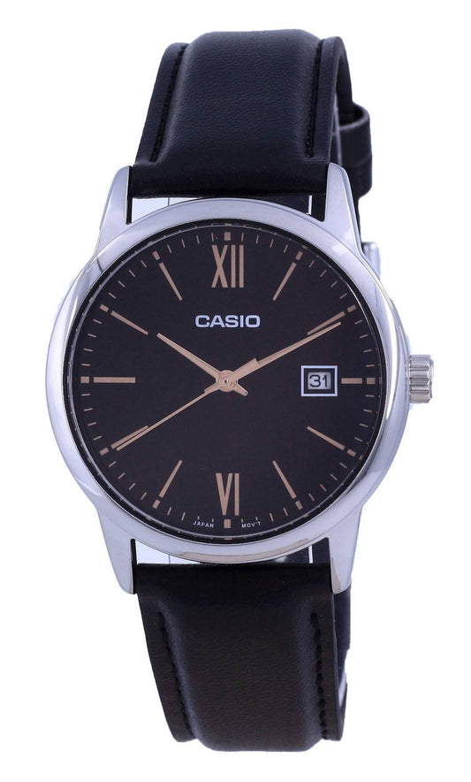 Casio Date display Black Leather Male MTP-V002L-1B3. A brand-new Casio watch featuring a Black dial and a Leather strap. Side view.