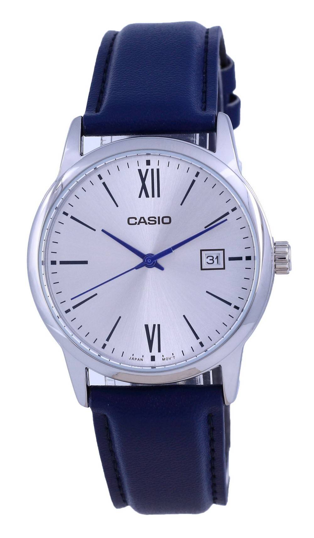 Casio Date display Silver Leather Male MTP-V002L-2B3. A brand-new Casio watch featuring a Silver dial and a Leather strap. Angled view.
