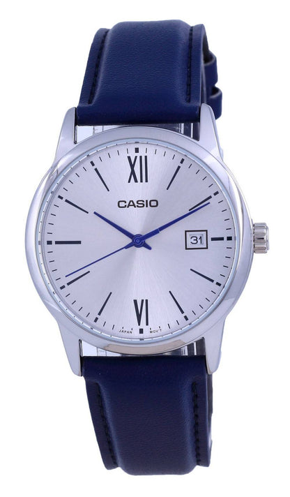 Casio Date display Silver Leather Male MTP-V002L-2B3. A brand-new Casio watch featuring a Silver dial and a Leather strap. Angled view.