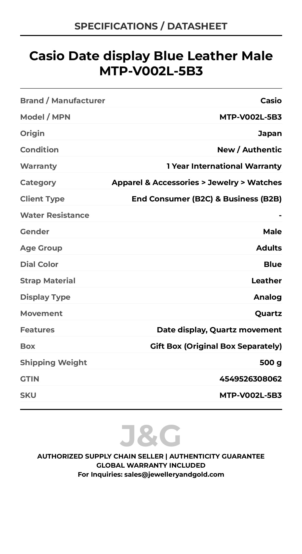 Casio Date display Blue Leather Male MTP-V002L-5B3 - Specifications