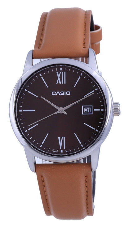 Casio Date display Blue Leather Male MTP-V002L-5B3. A brand-new Casio watch featuring a Blue dial and a Leather strap. Side view.