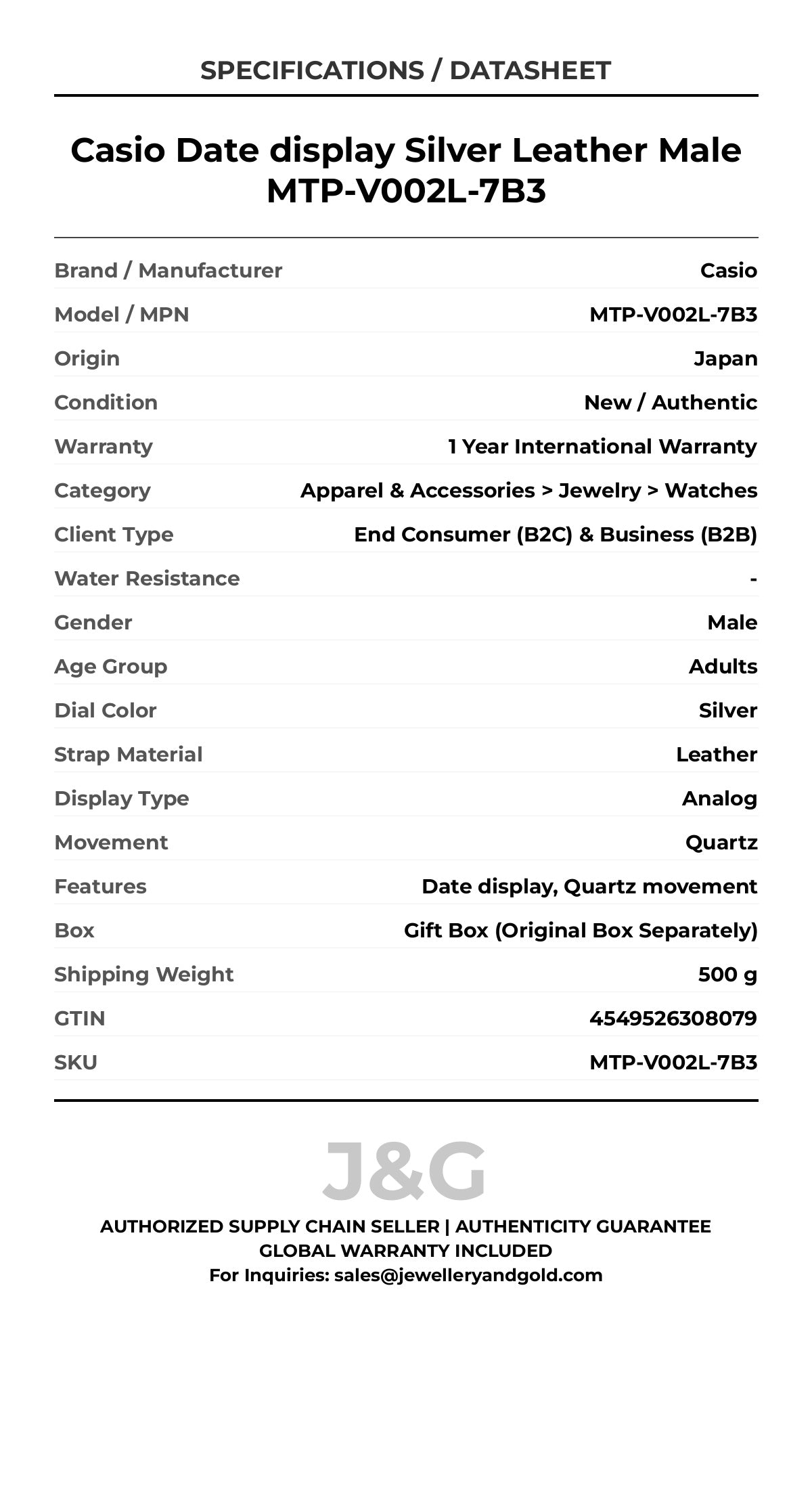 Casio Date display Silver Leather Male MTP-V002L-7B3 - Specifications