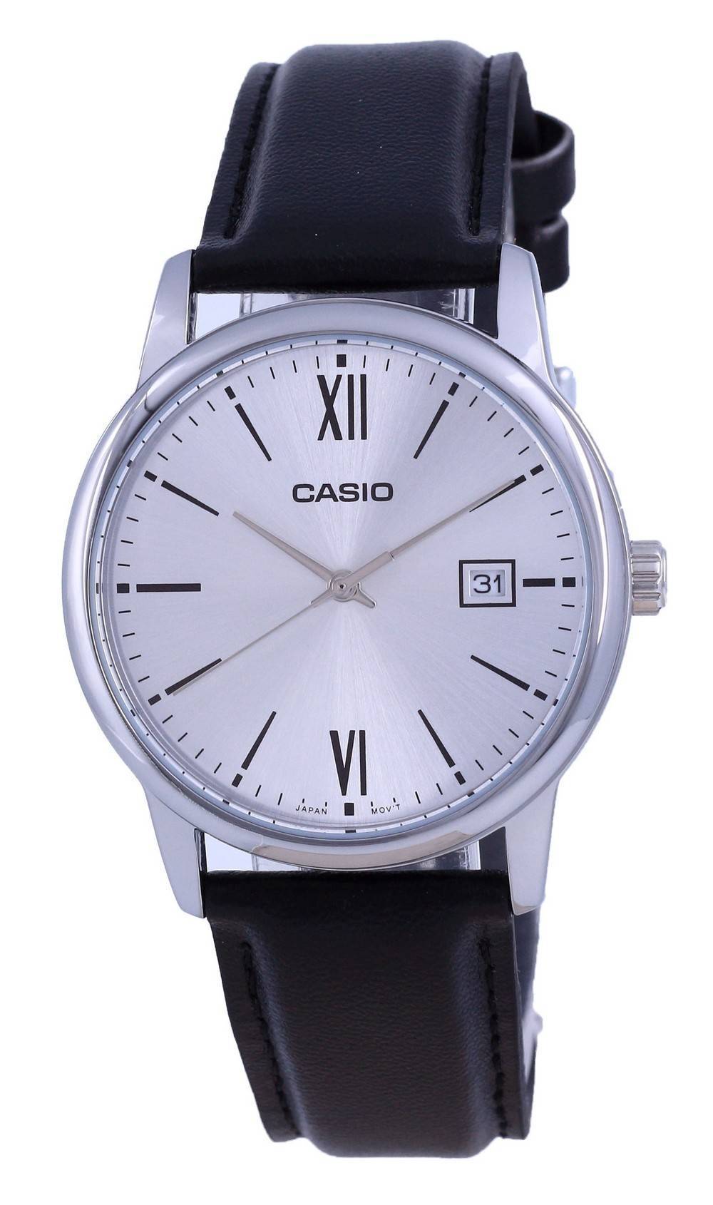 Casio Date display Silver Leather Male MTP-V002L-7B3. A brand-new Casio watch featuring a Silver dial and a Leather strap. Front view.