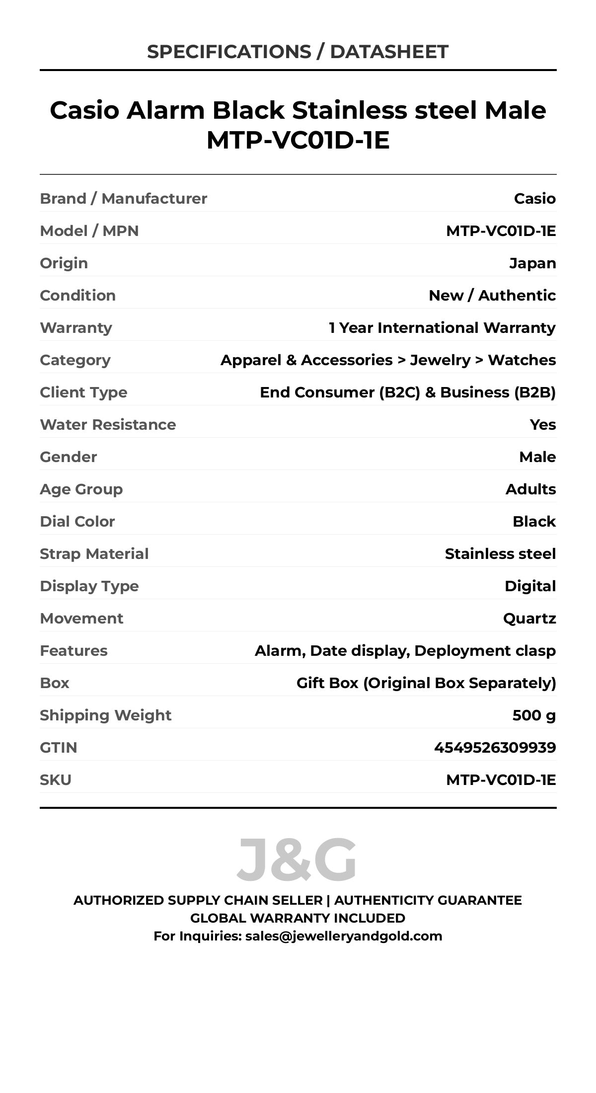 Casio Alarm Black Stainless steel Male MTP-VC01D-1E - Specifications