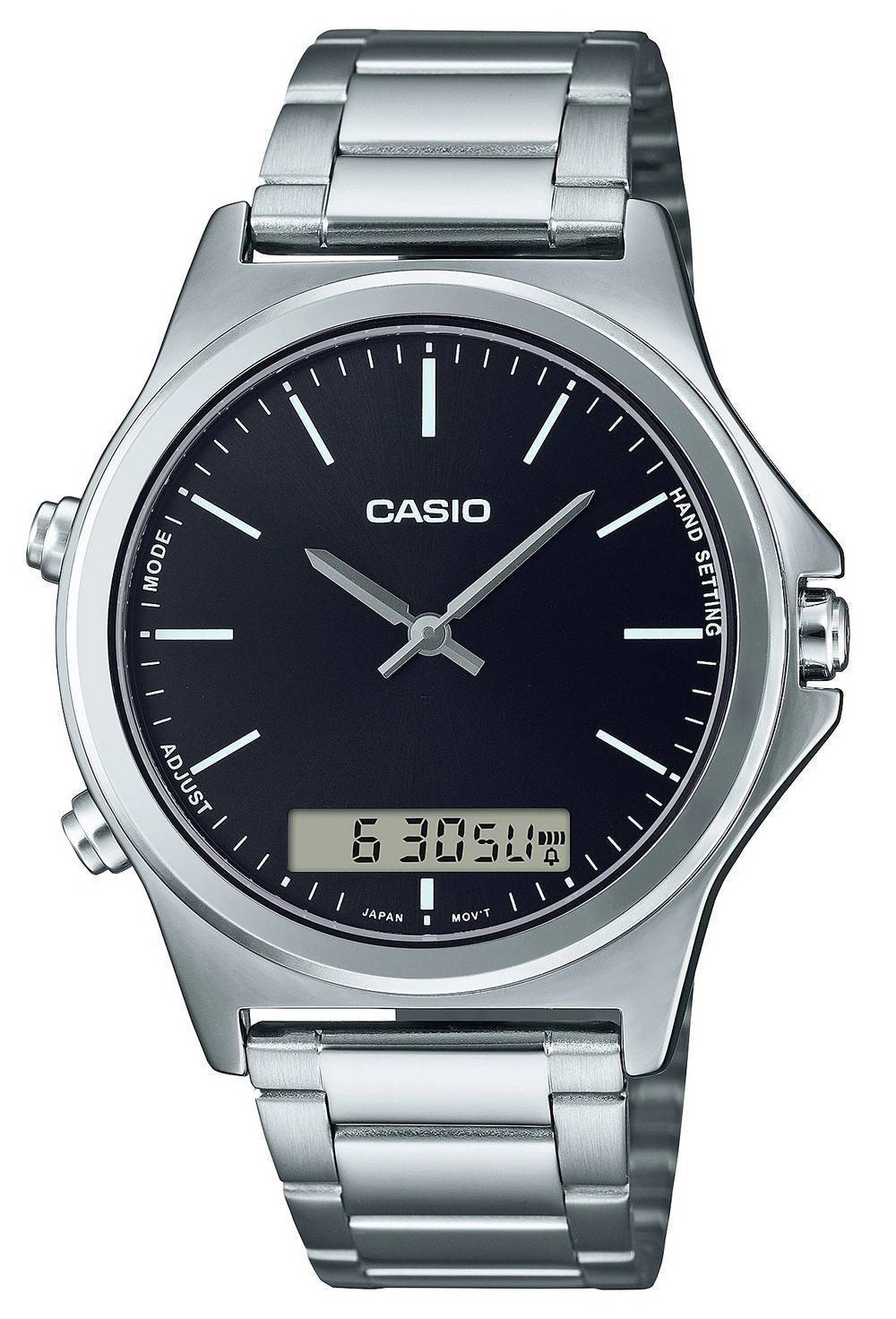 Casio Alarm Black Stainless steel Male MTP-VC01D-1E. A brand-new Casio watch featuring a Black dial and a Stainless steel strap. Front view.