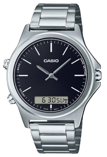 Casio Alarm Black Stainless steel Male MTP-VC01D-1E. A brand-new Casio watch featuring a Black dial and a Stainless steel strap. Front view.