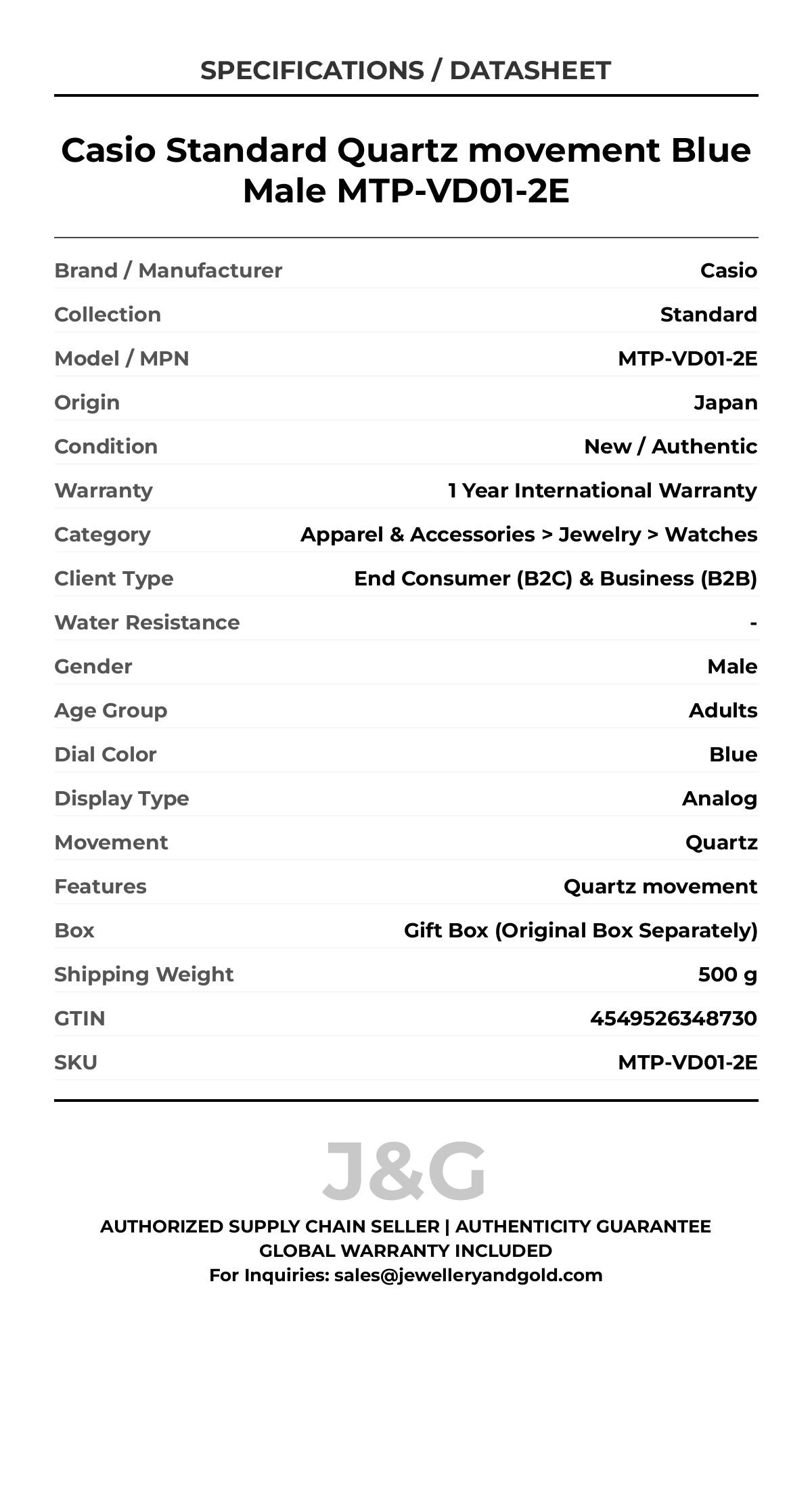 Casio Standard Quartz movement Blue Male MTP-VD01-2E - Specifications