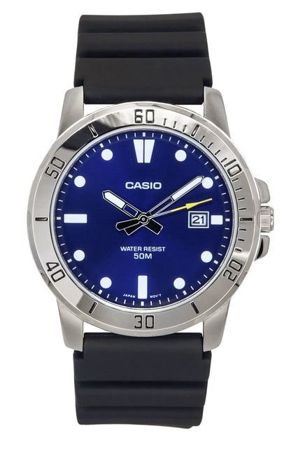 Casio Standard Quartz movement Blue Male MTP-VD01-2E. A brand-new Casio Standard watch featuring a Blue dial. Angled view.