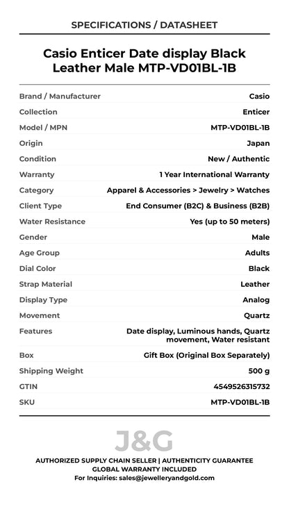 Casio Enticer Date display Black Leather Male MTP-VD01BL-1B - Specifications