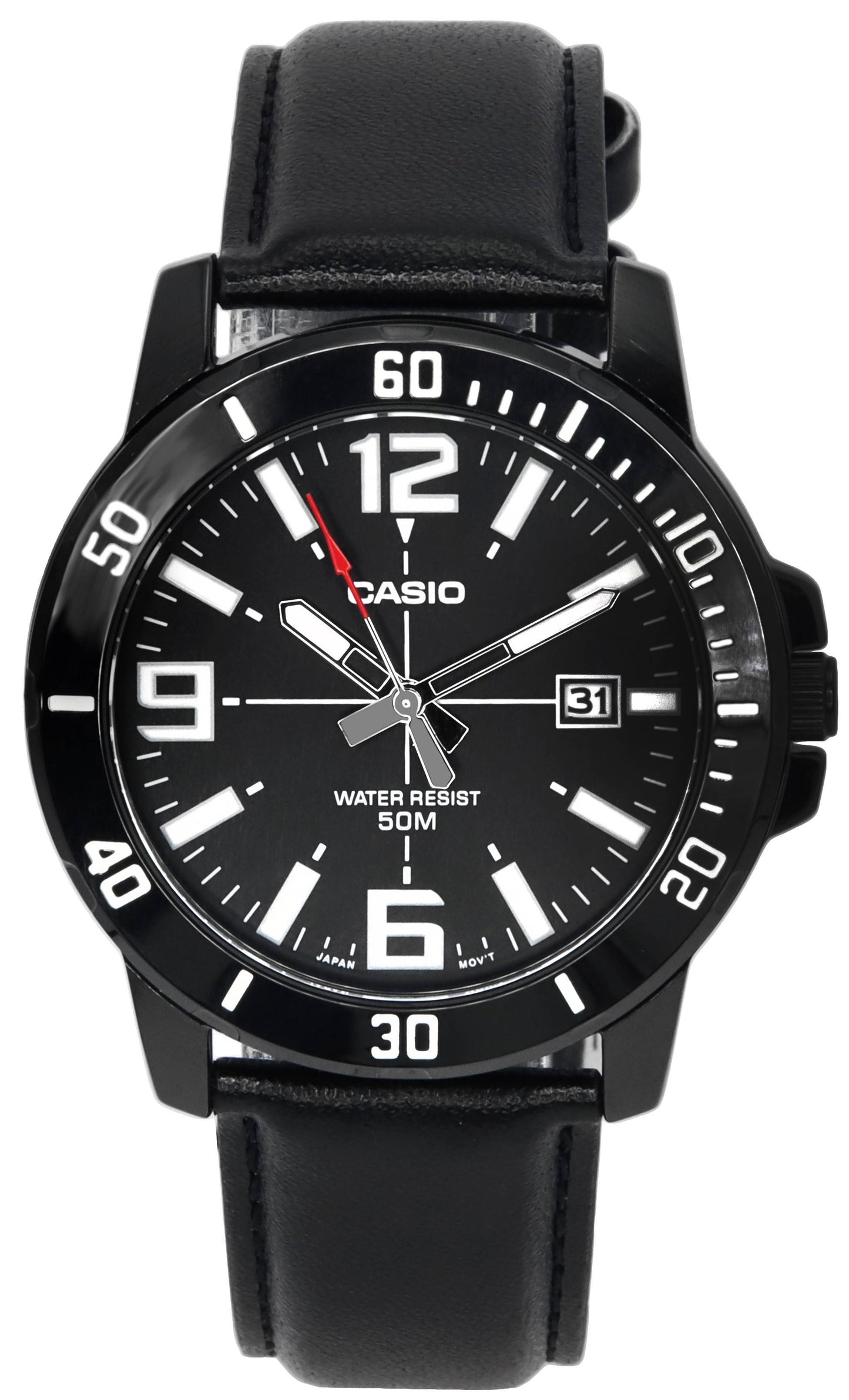 Casio Enticer Date display Black Leather Male MTP-VD01BL-1B. A brand-new Casio Enticer watch featuring a Black dial and a Leather strap. Front view.