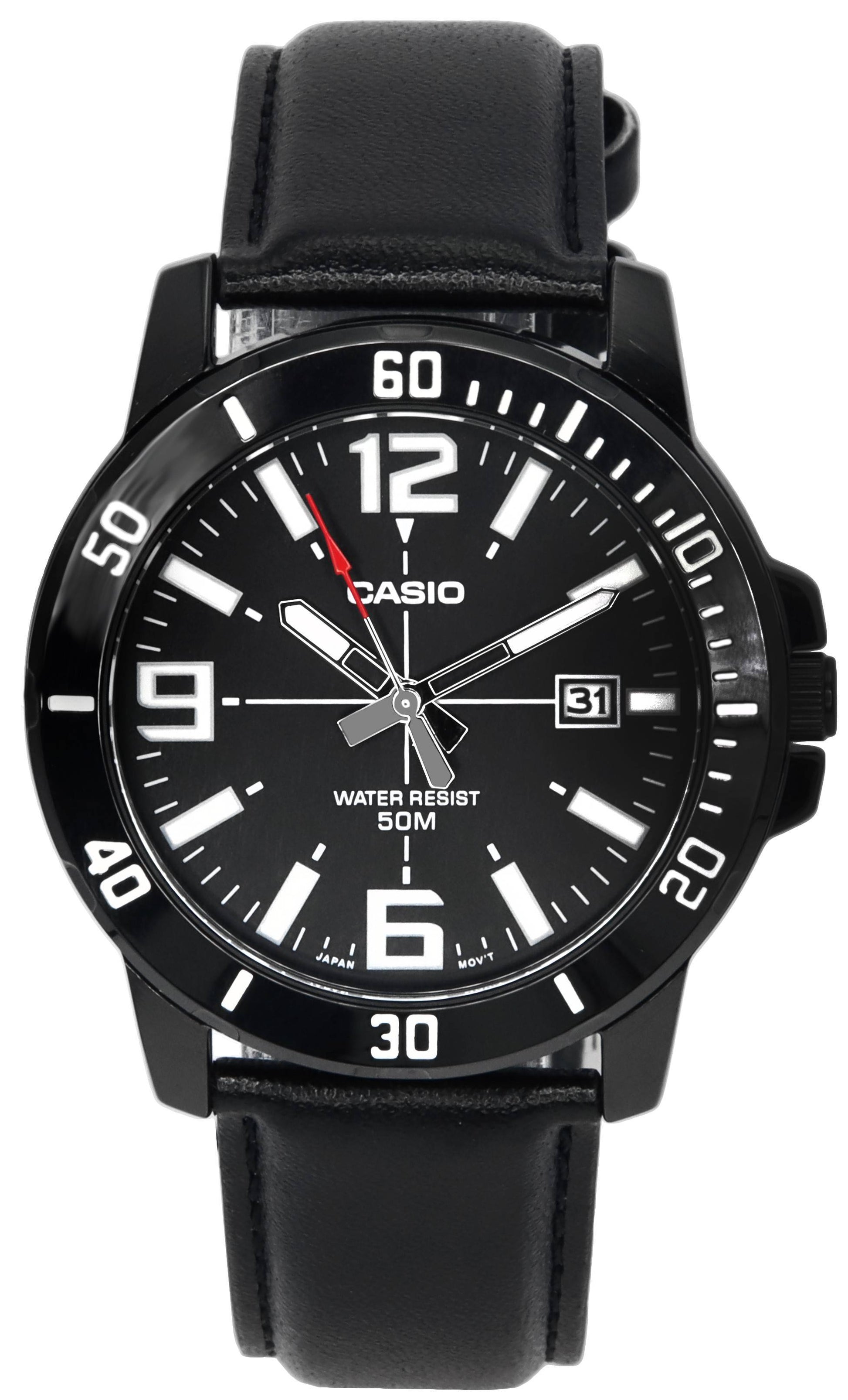 Casio Enticer Date display Black Leather Male MTP-VD01BL-1B. A brand-new Casio Enticer watch featuring a Black dial and a Leather strap. Front view.