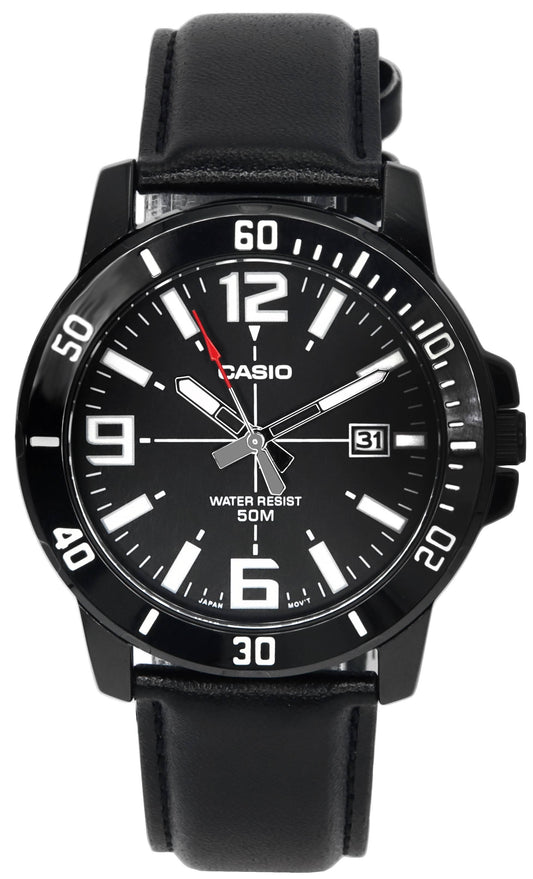Casio Enticer Date display Black Leather Male MTP-VD01BL-1B. A brand-new Casio Enticer watch featuring a Black dial and a Leather strap. Front view.