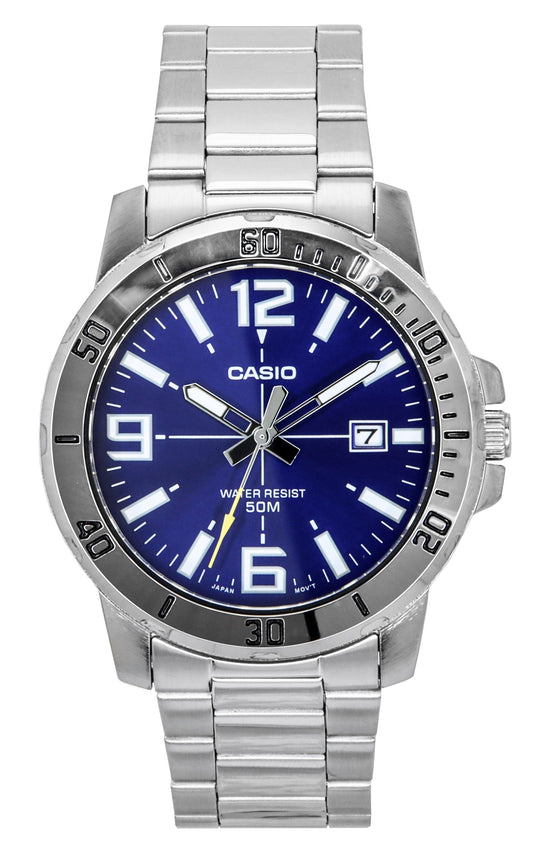 Casio Enticer Date display Blue Stainless steel Male MTP-VD01D-2BV. A brand-new Casio Enticer watch featuring a Blue dial and a Stainless steel strap. Side view.