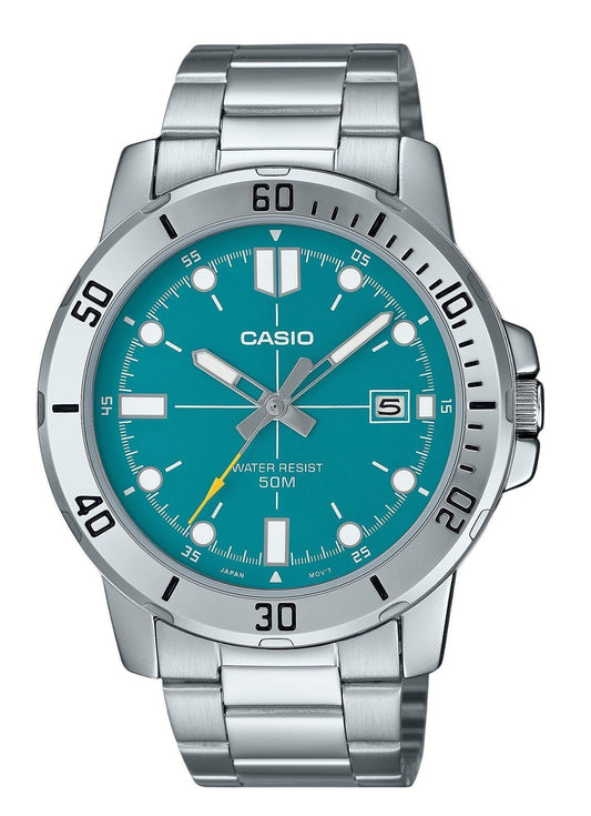 Casio Standard Quartz movement Blue Stainless steel Male MTP-VD01D-3E2V. A brand-new Casio Standard watch featuring a Blue dial and a Stainless steel strap. Side view.