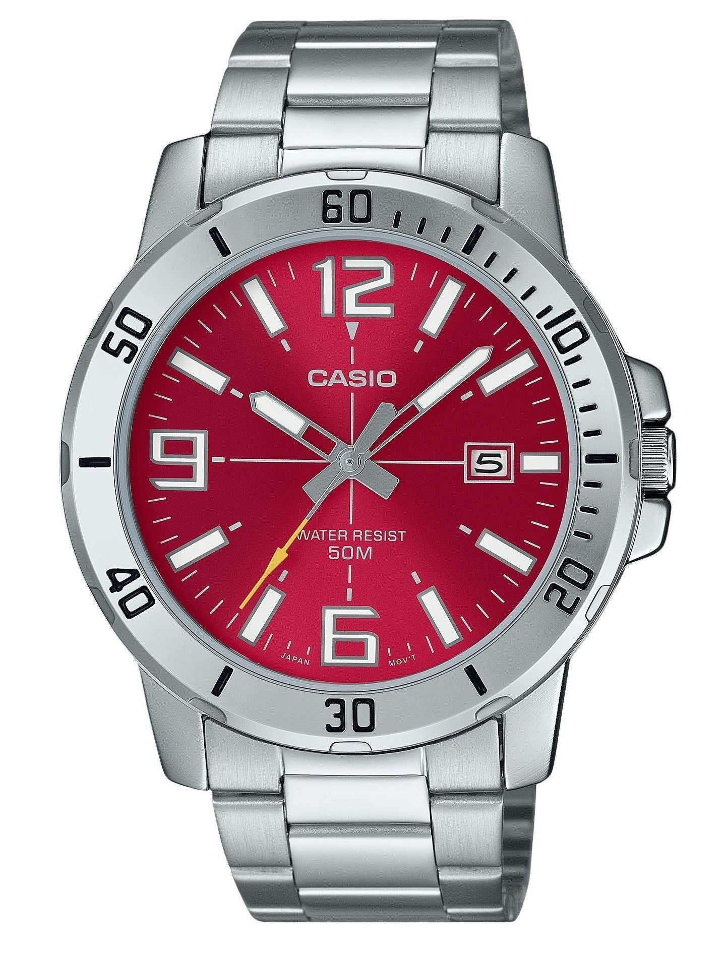 Casio Standard Quartz movement Red Stainless steel Male MTP-VD01D-4BV. A brand-new Casio Standard watch featuring a Red dial and a Stainless steel strap. Side view.