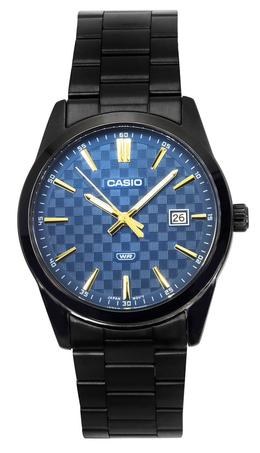 Casio Standard Quartz movement Blue Stainless steel Male MTP-VD03B-2A. A brand-new Casio Standard watch featuring a Blue dial and a Stainless steel strap. Front view.
