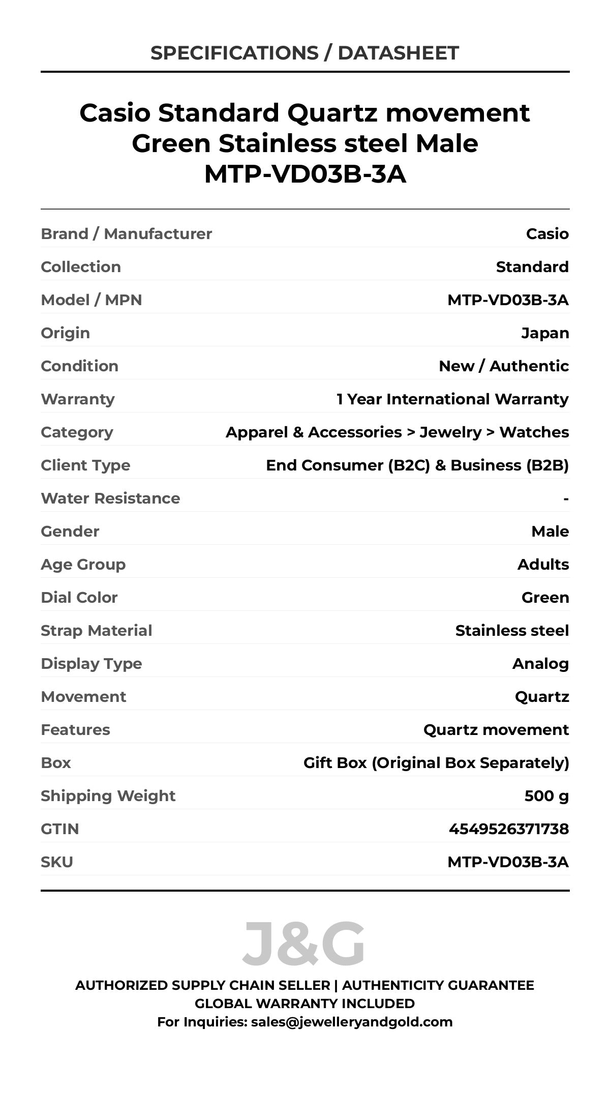 Casio Standard Quartz movement Green Stainless steel Male MTP-VD03B-3A - Specifications