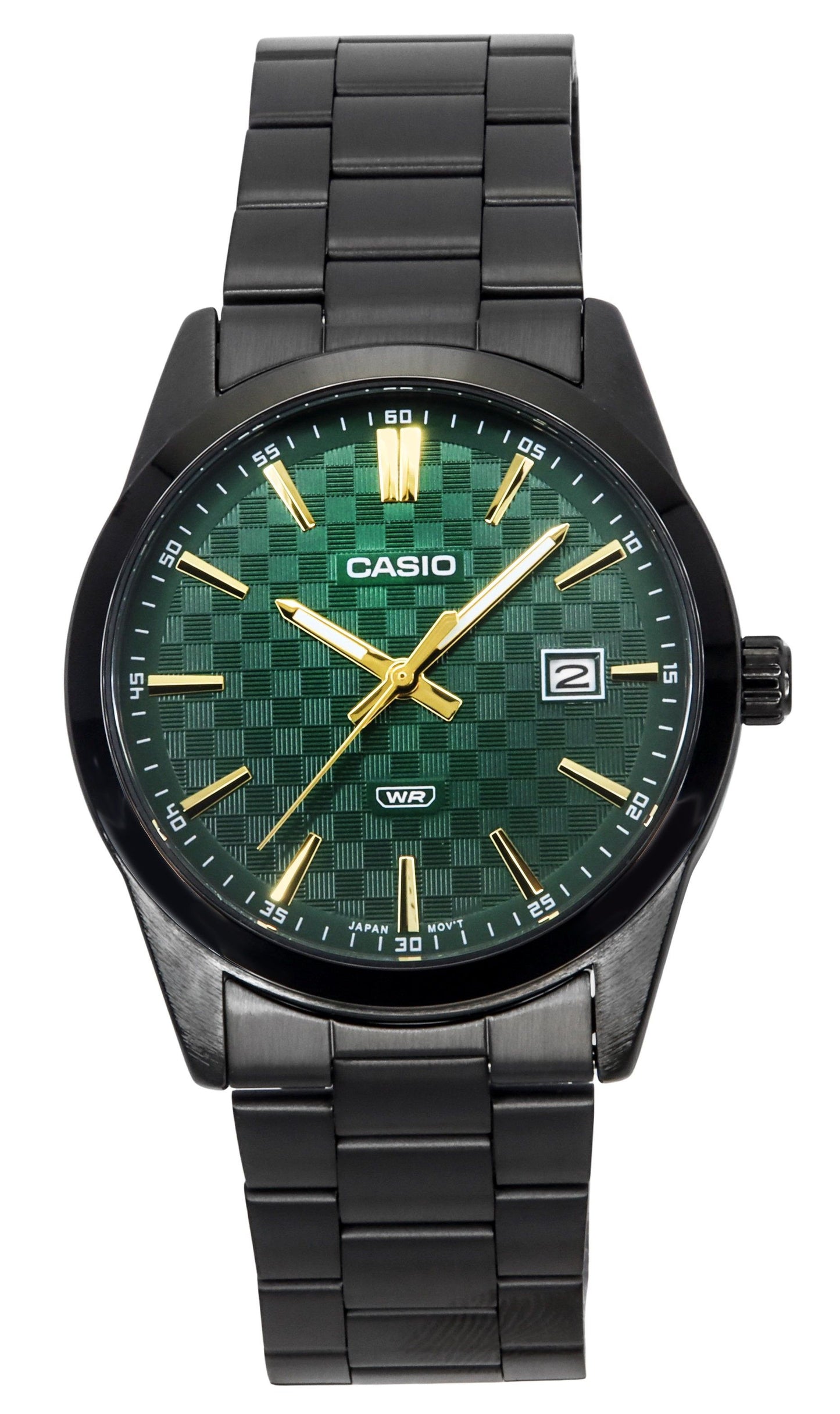 Casio Standard Quartz movement Green Stainless steel Male MTP-VD03B-3A. A brand-new Casio Standard watch featuring a Green dial and a Stainless steel strap. Angled view.