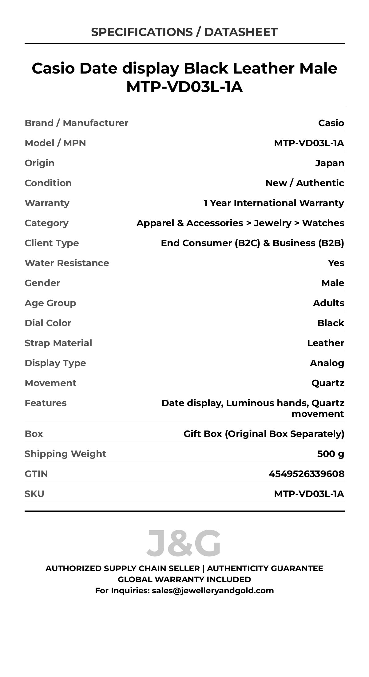 Casio Date display Black Leather Male MTP-VD03L-1A - Specifications