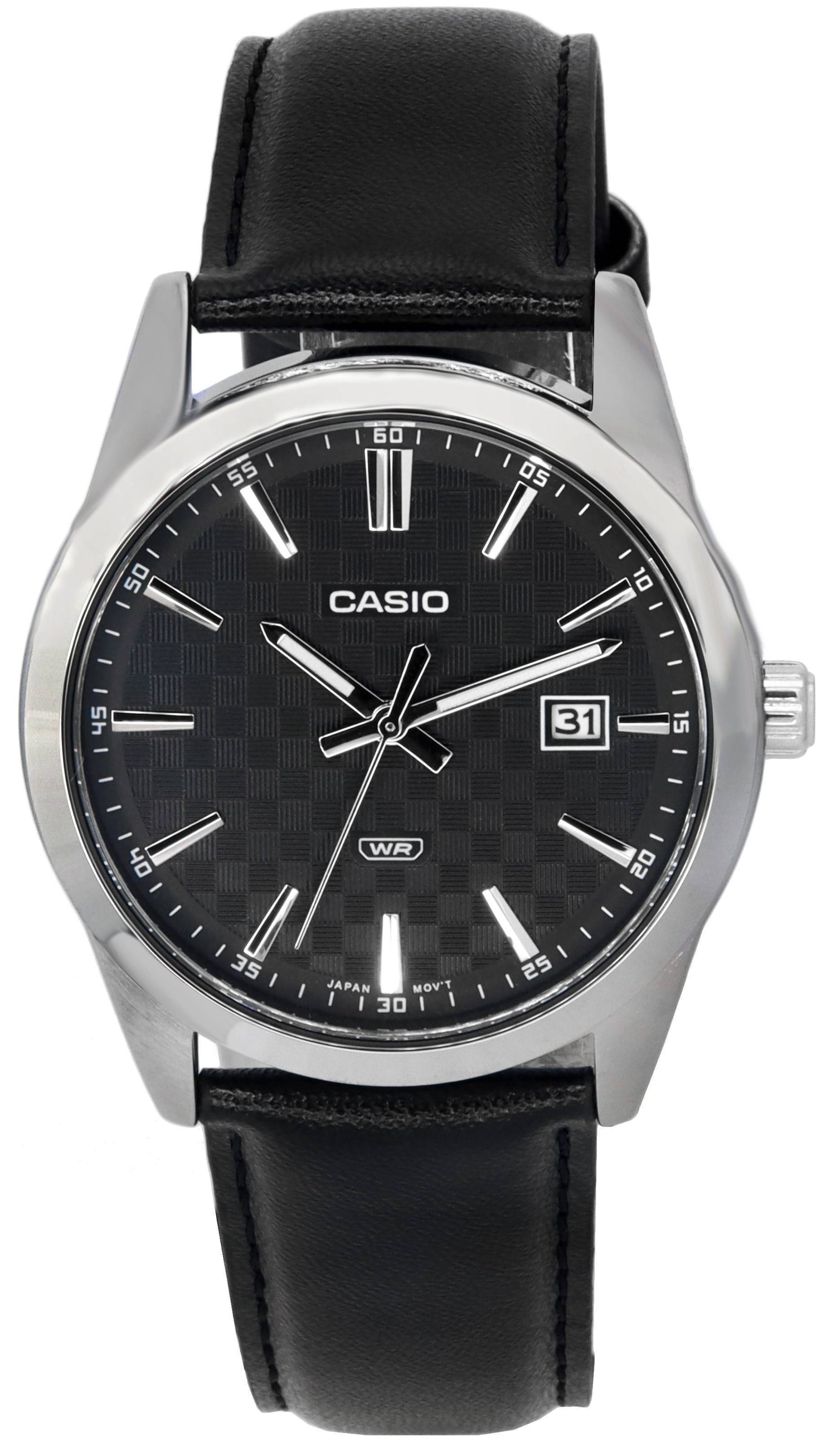 Casio Date display Black Leather Male MTP-VD03L-1A. A brand-new Casio watch featuring a Black dial and a Leather strap. Side view.