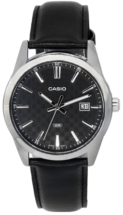 Casio Date display Black Leather Male MTP-VD03L-1A. A brand-new Casio watch featuring a Black dial and a Leather strap. Side view.