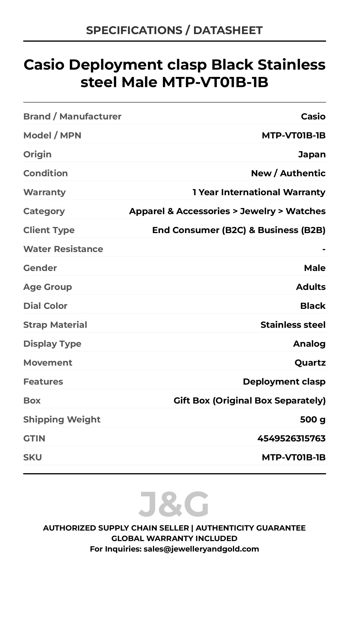 Casio Deployment clasp Black Stainless steel Male MTP-VT01B-1B - Specifications