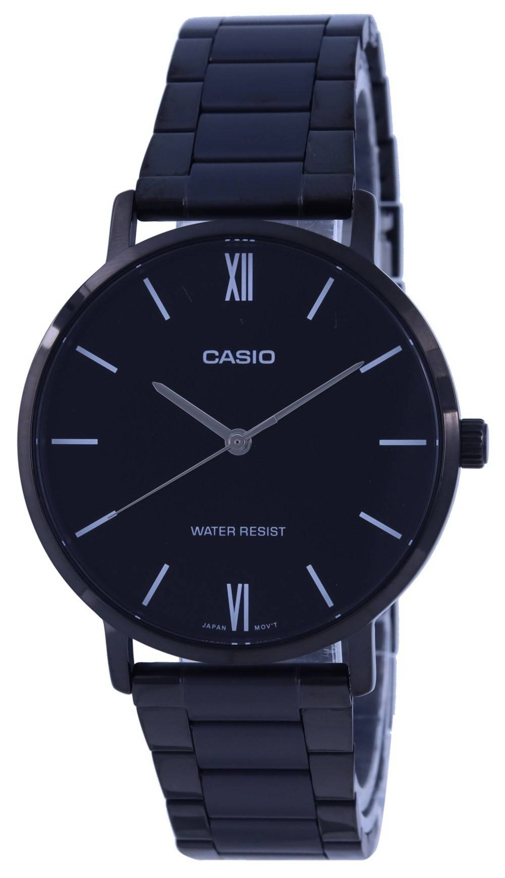 Casio Deployment clasp Black Stainless steel Male MTP-VT01B-1B. A brand-new Casio watch featuring a Black dial and a Stainless steel strap. Front view.