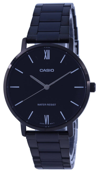 Casio Deployment clasp Black Stainless steel Male MTP-VT01B-1B. A brand-new Casio watch featuring a Black dial and a Stainless steel strap. Front view.