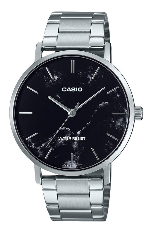 Casio Standard Quartz movement Black Stainless steel Male MTP-VT01DM-1A. A brand-new Casio Standard watch featuring a Black dial and a Stainless steel strap. Front view.