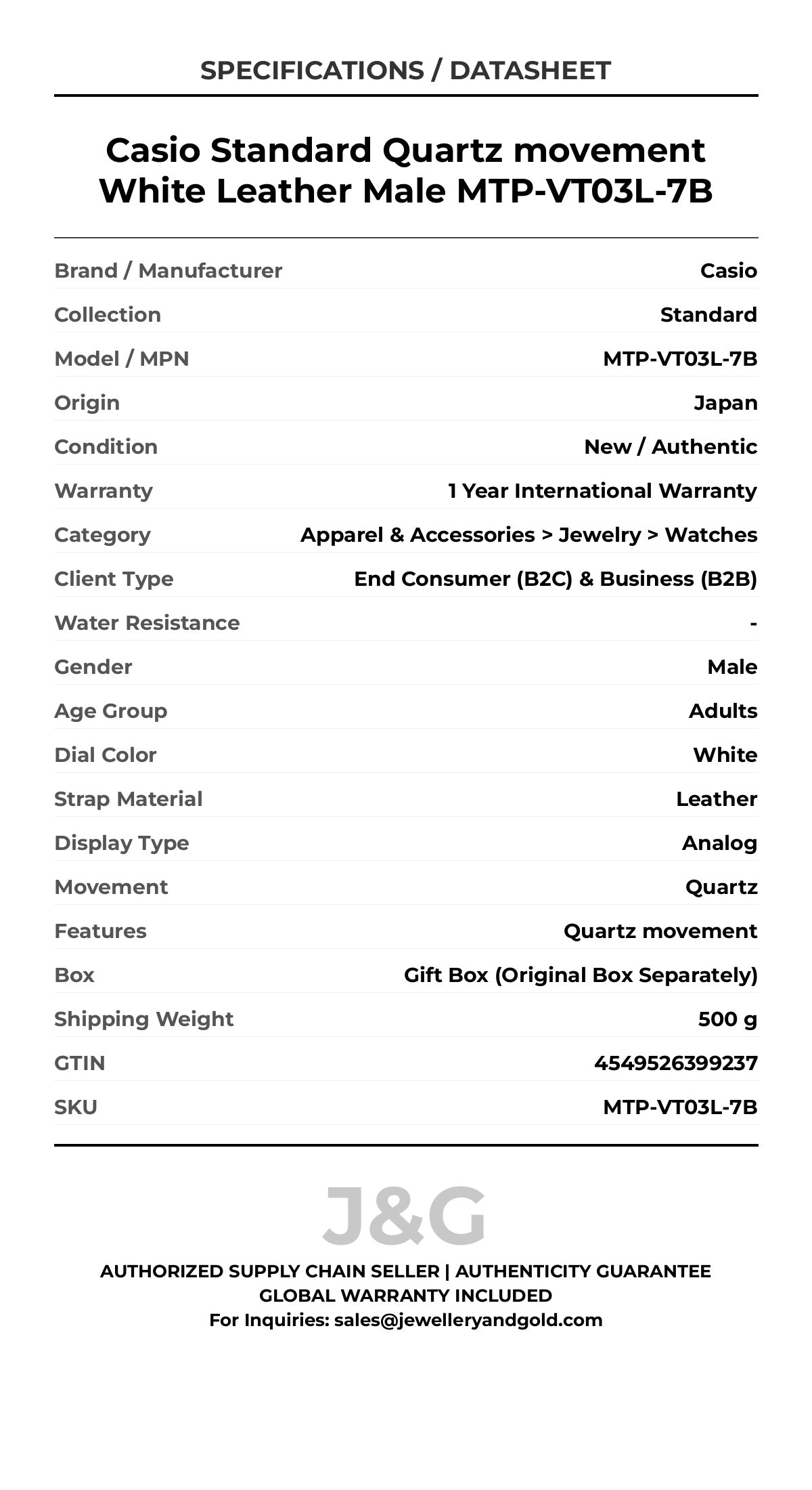 Casio Standard Quartz movement White Leather Male MTP-VT03L-7B - Specifications