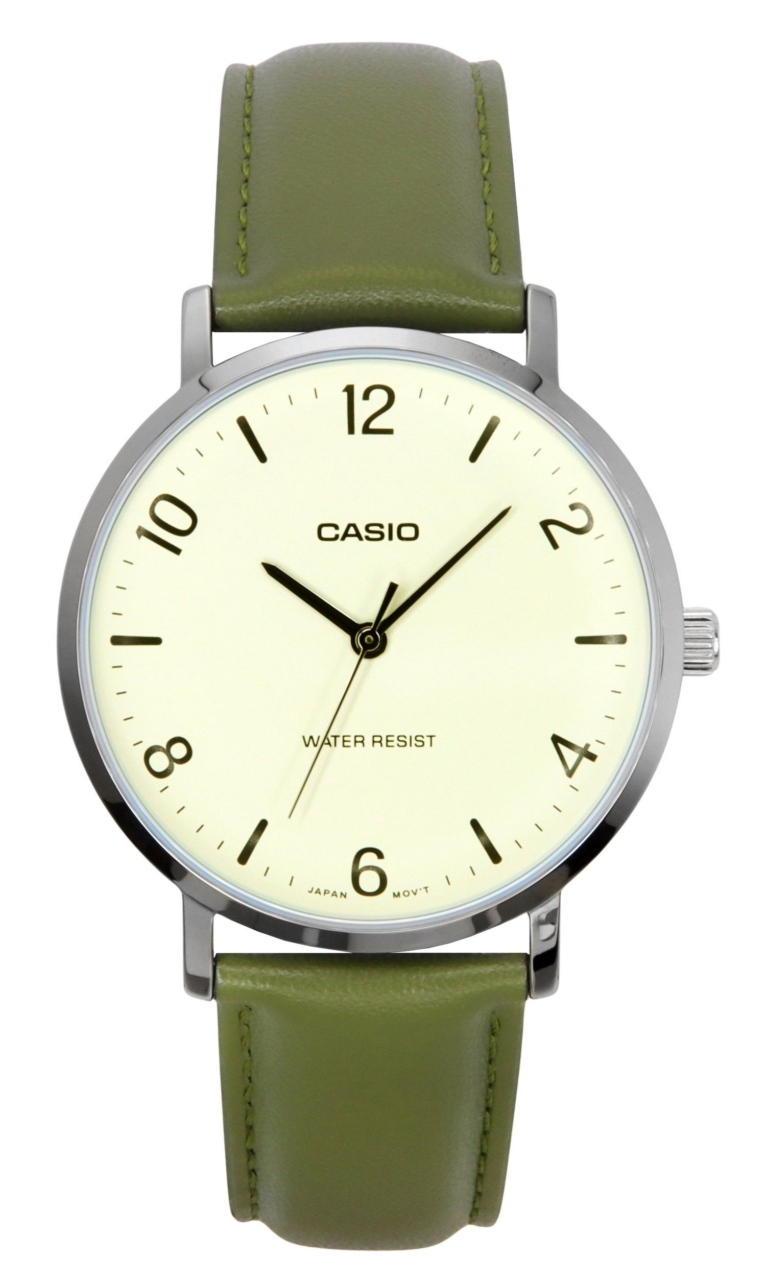 Casio Standard Quartz movement White Leather Male MTP-VT03L-7B. A brand-new Casio Standard watch featuring a White dial and a Leather strap. Side view.