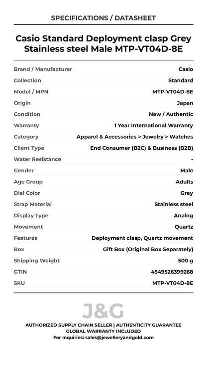 Casio Standard Deployment clasp Grey Stainless steel Male MTP-VT04D-8E - Specifications