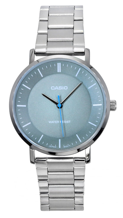 Casio Standard Deployment clasp Grey Stainless steel Male MTP-VT04D-8E. A brand-new Casio Standard watch featuring a Grey dial and a Stainless steel strap. Front view.