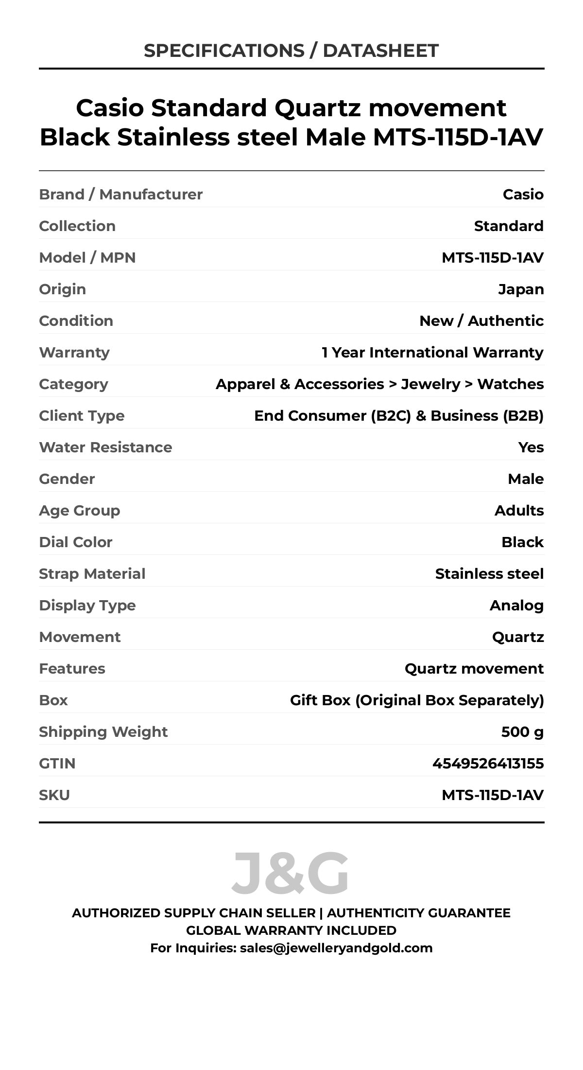 Casio Standard Quartz movement Black Stainless steel Male MTS-115D-1AV - Specifications