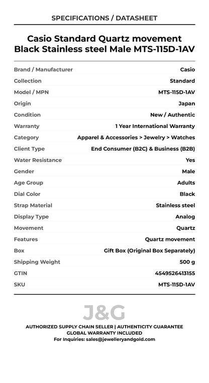 Casio Standard Quartz movement Black Stainless steel Male MTS-115D-1AV - Specifications