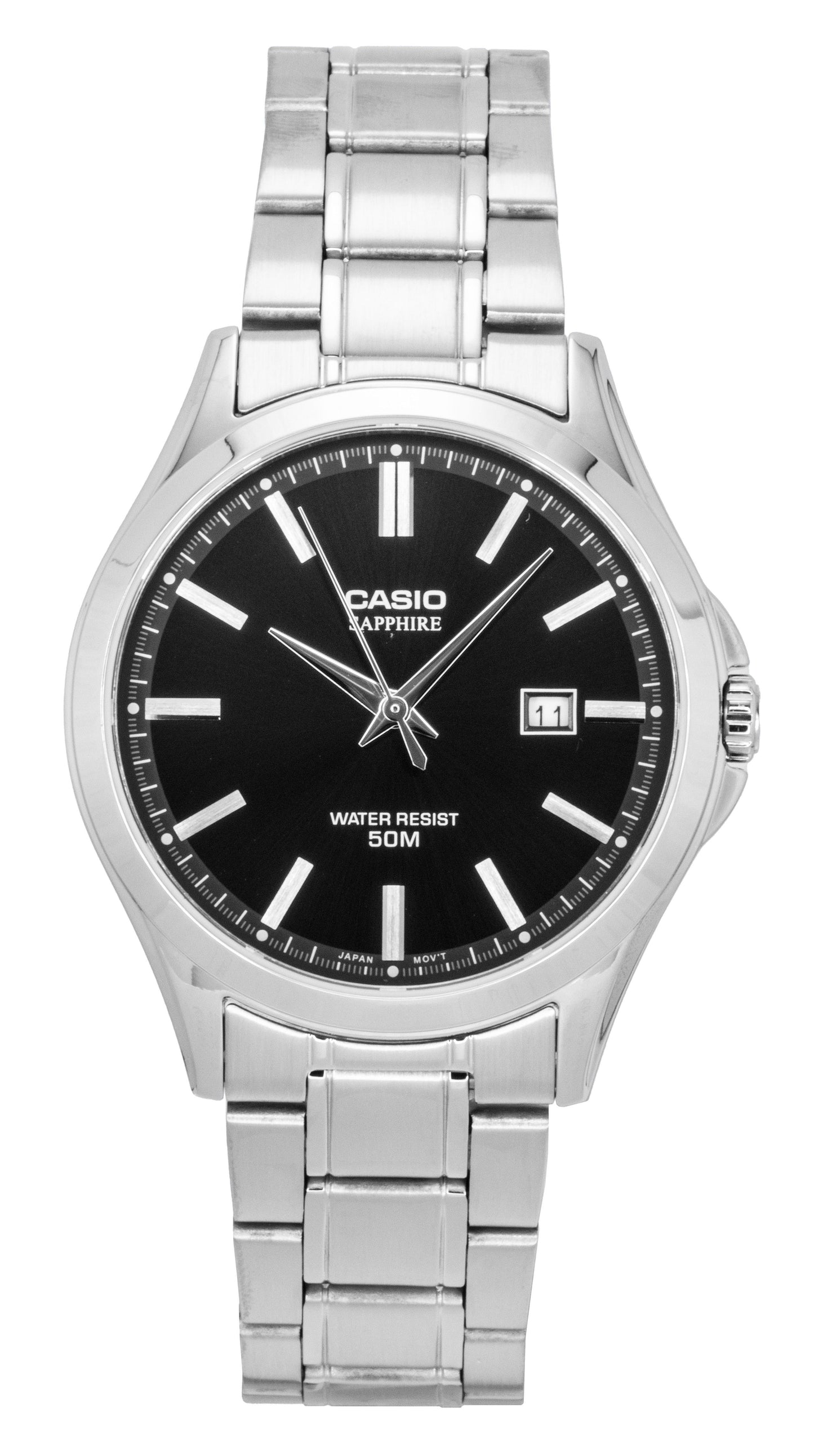 Casio Standard Quartz movement Black Stainless steel Male MTS-115D-1AV. A brand-new Casio Standard watch featuring a Black dial and a Stainless steel strap. Front view.