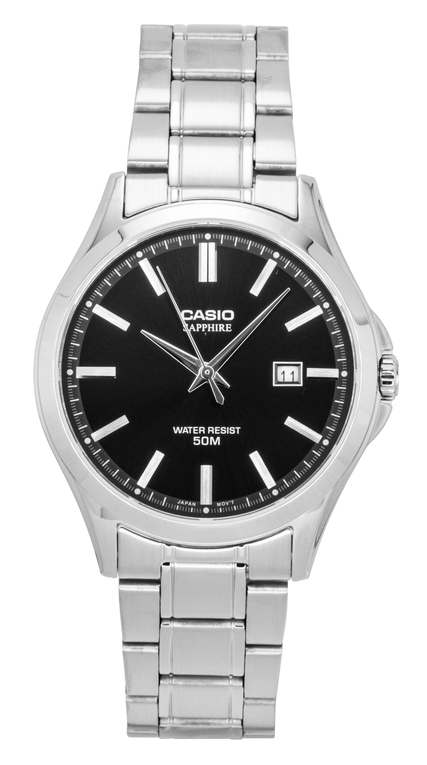 Casio Standard Quartz movement Black Stainless steel Male MTS-115D-1AV. A brand-new Casio Standard watch featuring a Black dial and a Stainless steel strap. Front view.