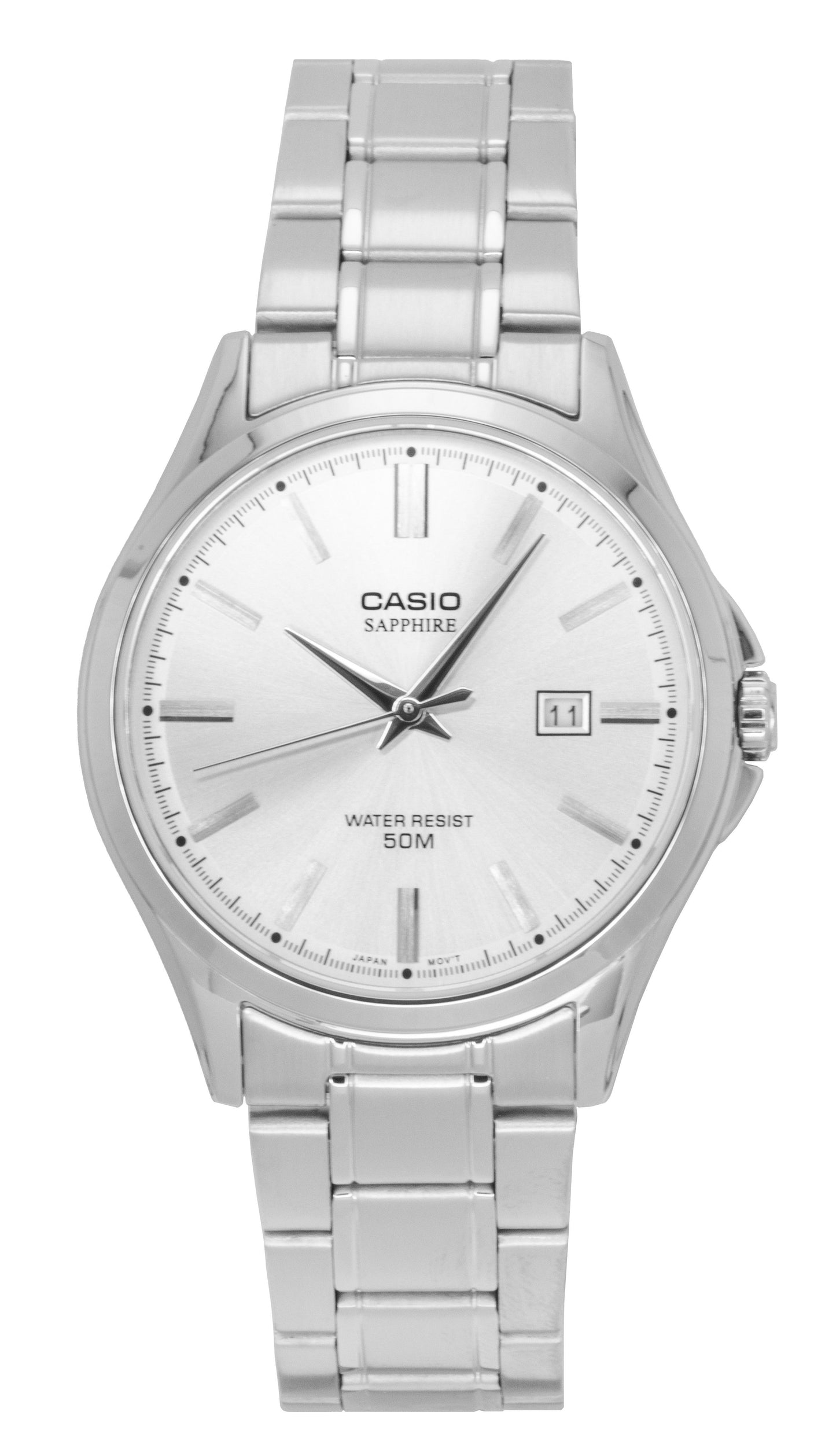 Casio Standard Quartz movement Silver Stainless steel Male MTS-115D-7AV. A brand-new Casio Standard watch featuring a Silver dial and a Stainless steel strap. Angled view.