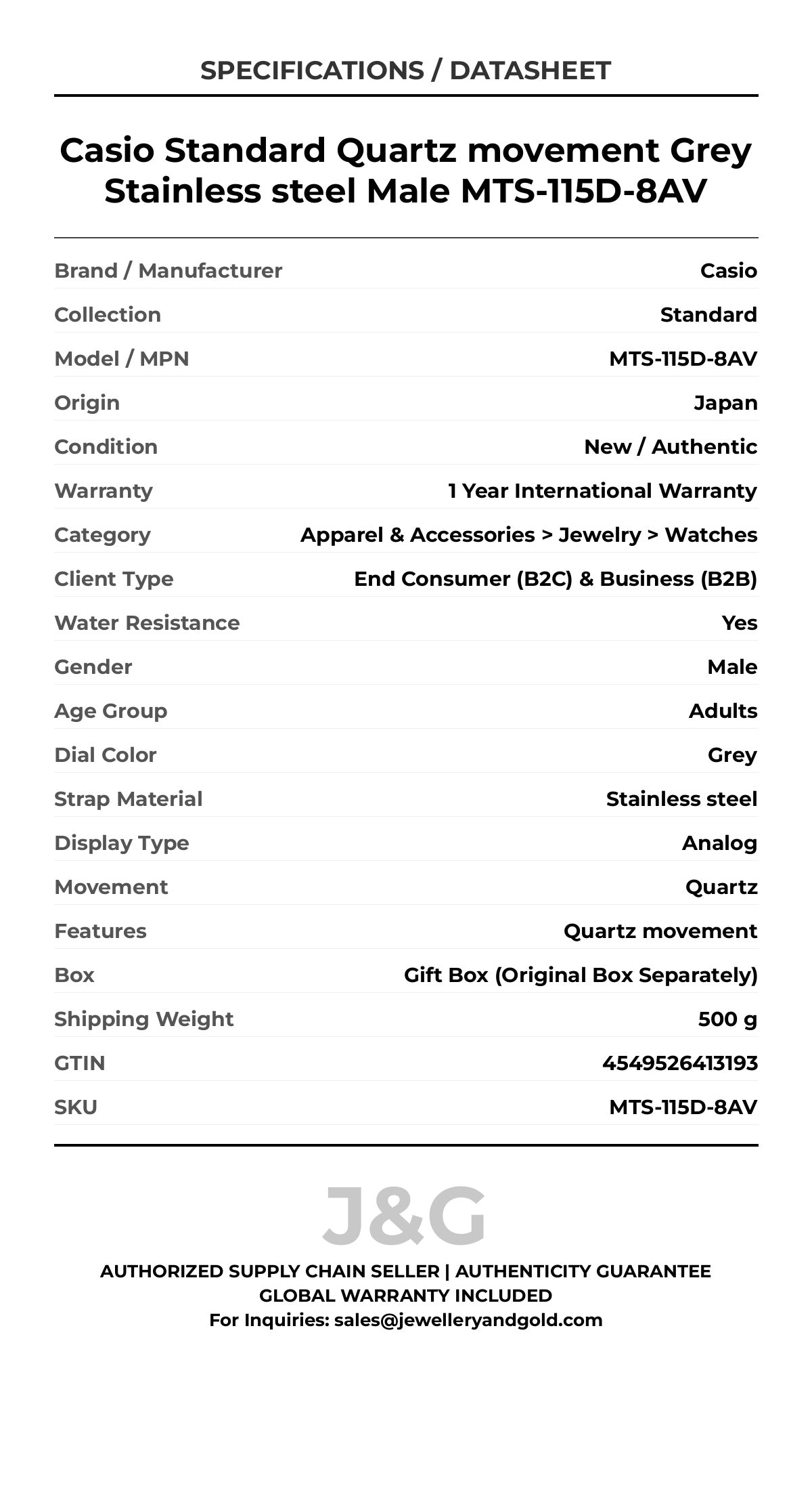 Casio Standard Quartz movement Grey Stainless steel Male MTS-115D-8AV - Specifications