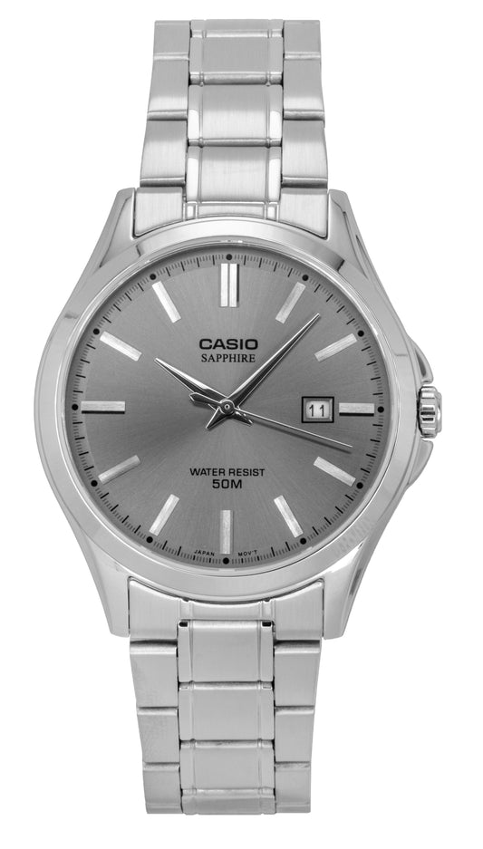 Casio Standard Quartz movement Grey Stainless steel Male MTS-115D-8AV. A brand-new Casio Standard watch featuring a Grey dial and a Stainless steel strap. Front view.