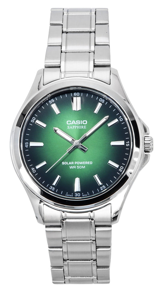Casio Standard Anti-reflective Green Stainless steel Male MTS-RS100D-3AV. A brand-new Casio Standard watch featuring a Green dial and a Stainless steel strap. Front view.