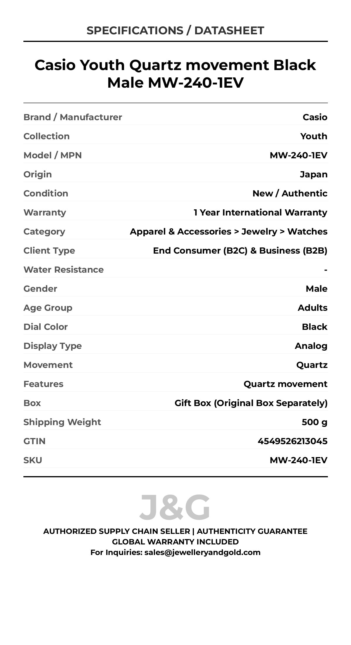Casio Youth Quartz movement Black Male MW-240-1EV - Specifications