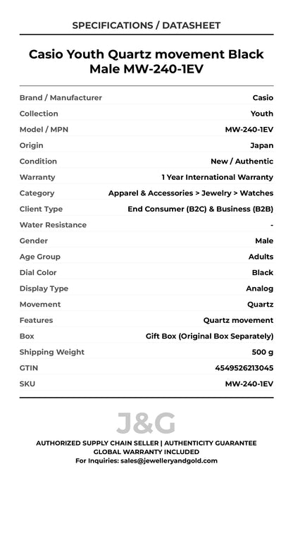 Casio Youth Quartz movement Black Male MW-240-1EV - Specifications
